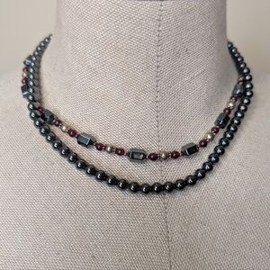 Set of 2 Hematite Beaded Necklaces | Metallic Gunmetal + Garnet Accent